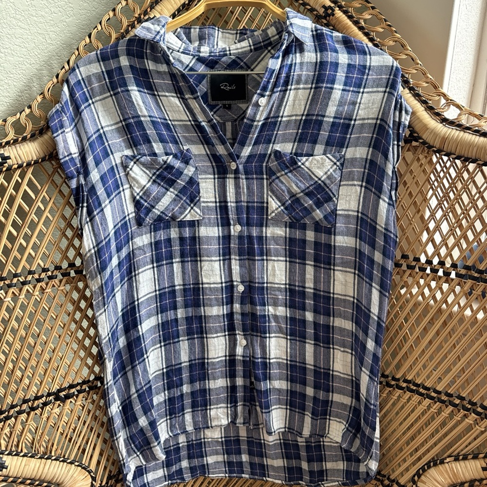 Blue and White Plaid Sleeveless Shirt